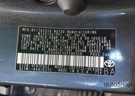 2016 Toyota Corolla S Plus from USA, damaged, VIN 5YFBURHE4GP496356